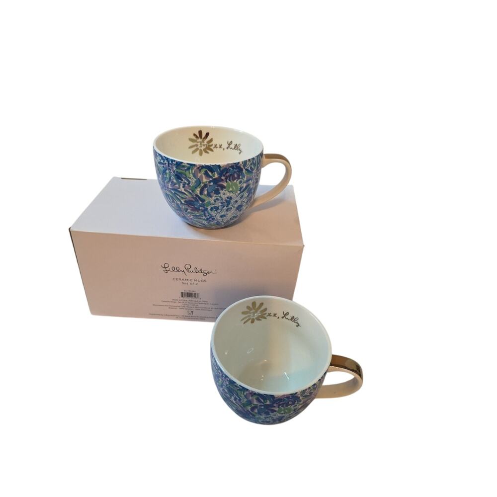 Lilly Pulitzer Set of 2 Ceramic Mugs Blue Floral 12 oz New In Box LIL-HO-001